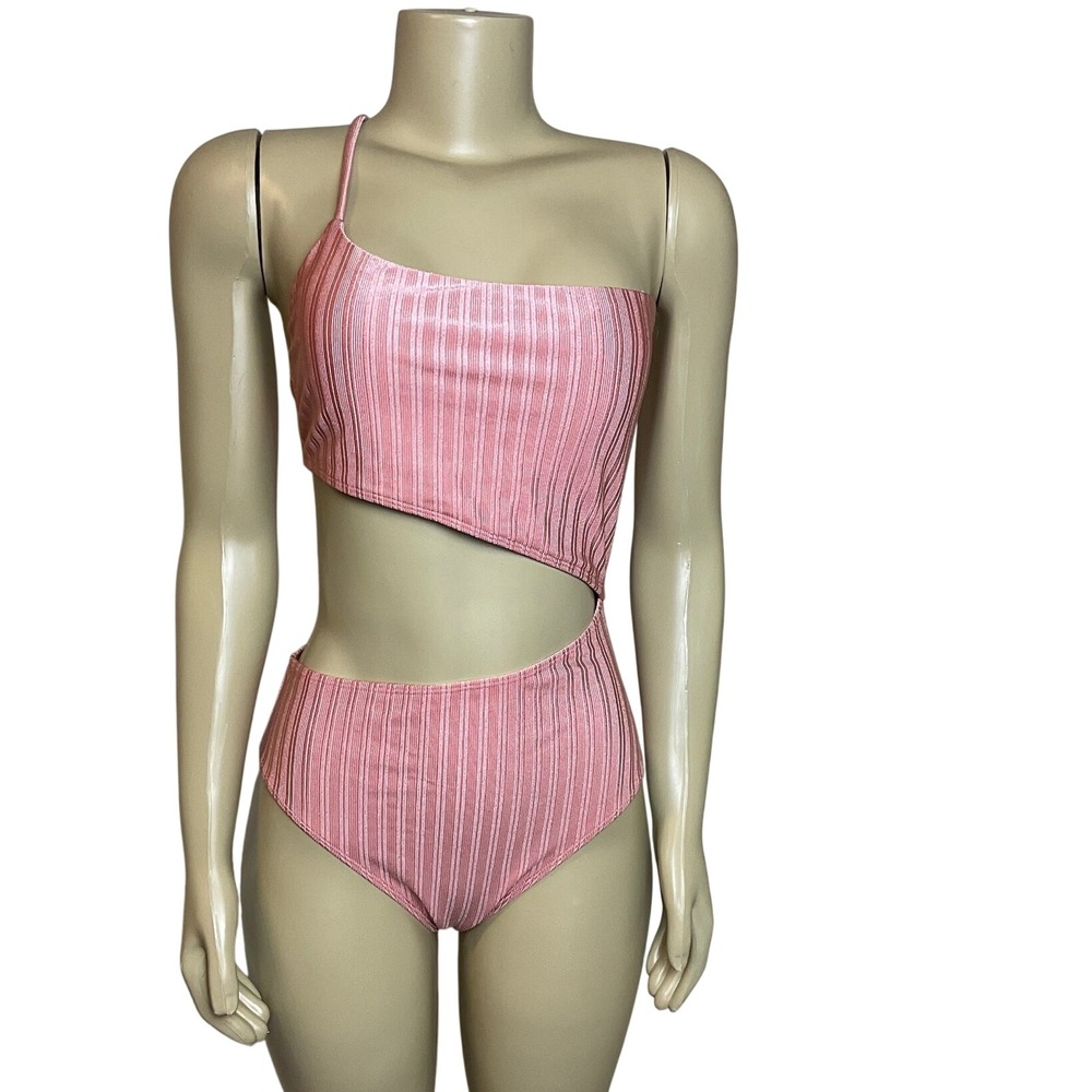 O'Neill Mizi Asymmetric Ribbed Metallic One Piece Swimsuit Pink Large New